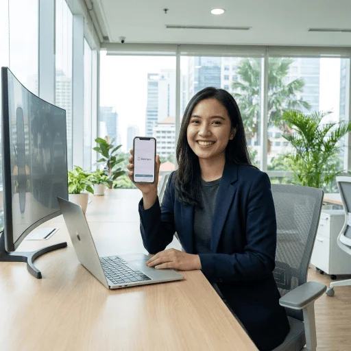Lead Mobile Engineer Devnara memegang smartphone menampilkan antarmuka aplikasi terverifikasi di kantor modern Jakarta